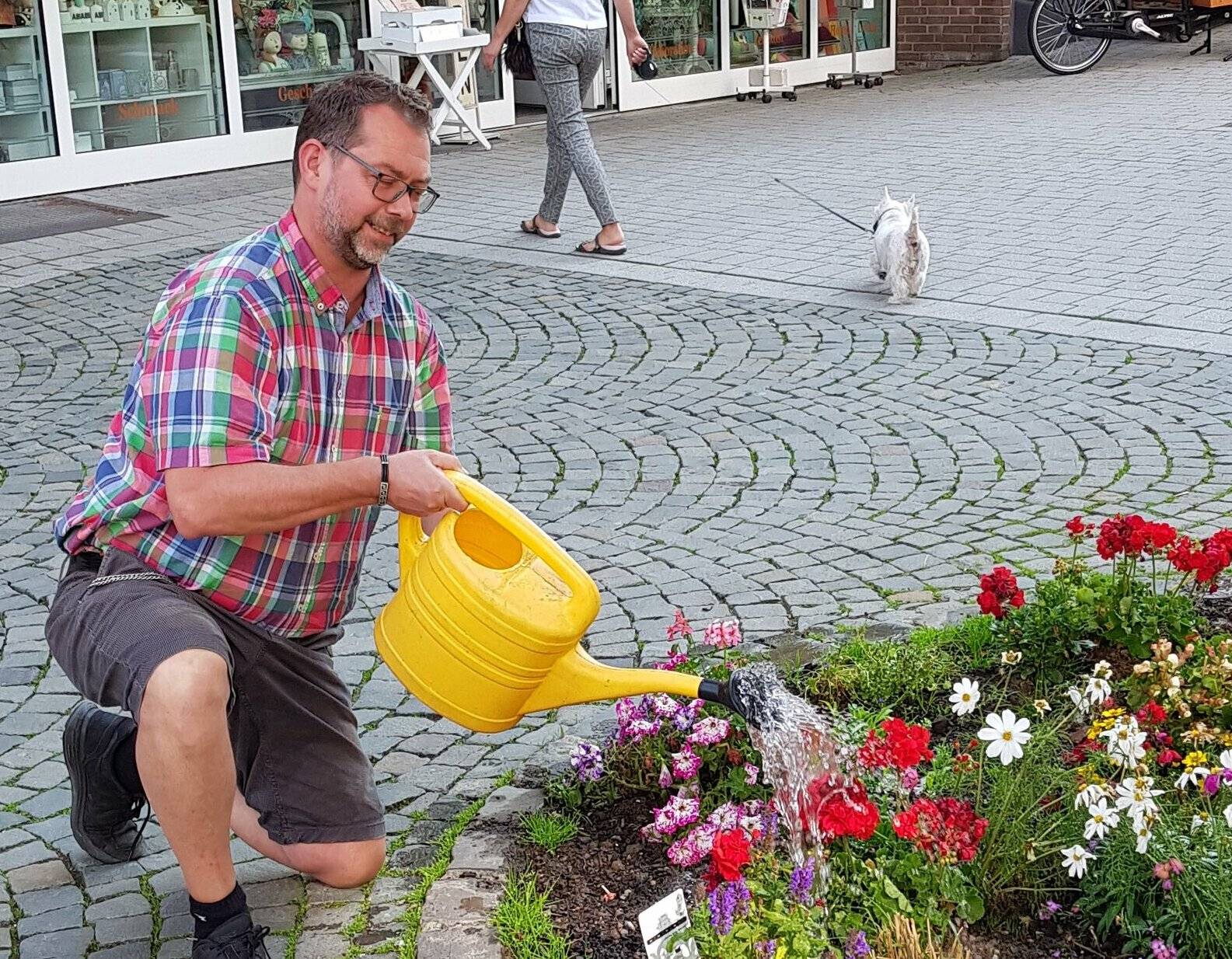 Große Aufregung um ein buntes Beet in der Fußgängerzone