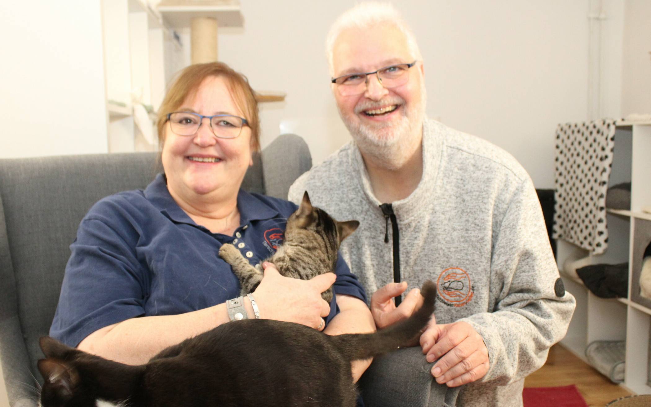  So fühlen sie sich wohl: Barbara und Tim Lautenbach inmitten ihrer Schützlinge. Derzeit beherbergen sie 15 Katzen. Im Vordergrund spaziert Miklosch durchs Bild. 