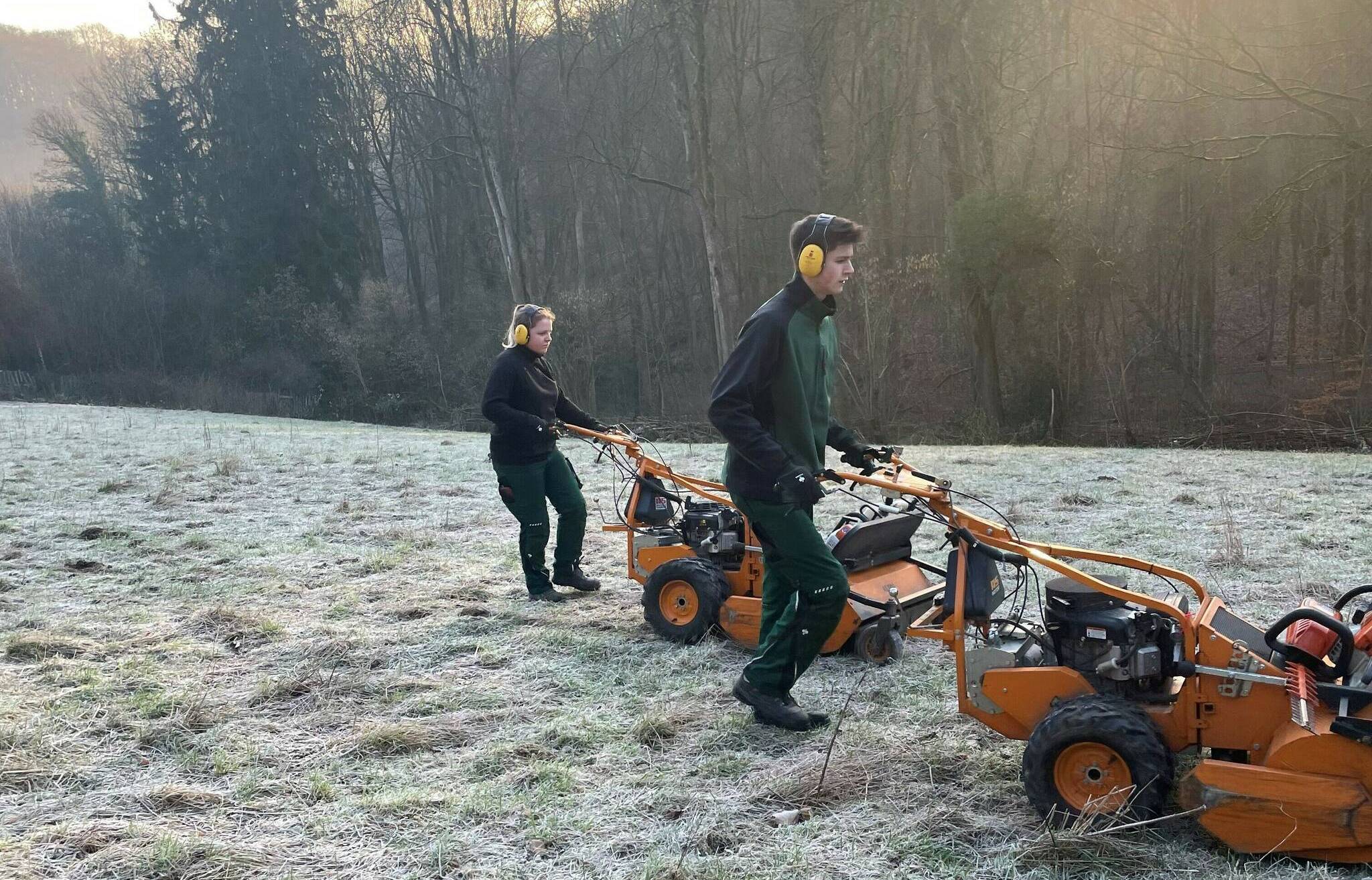 Belana und Ben auf dem Weg zu Mäh- und Pflegearbeiten mit dem Mulcher.