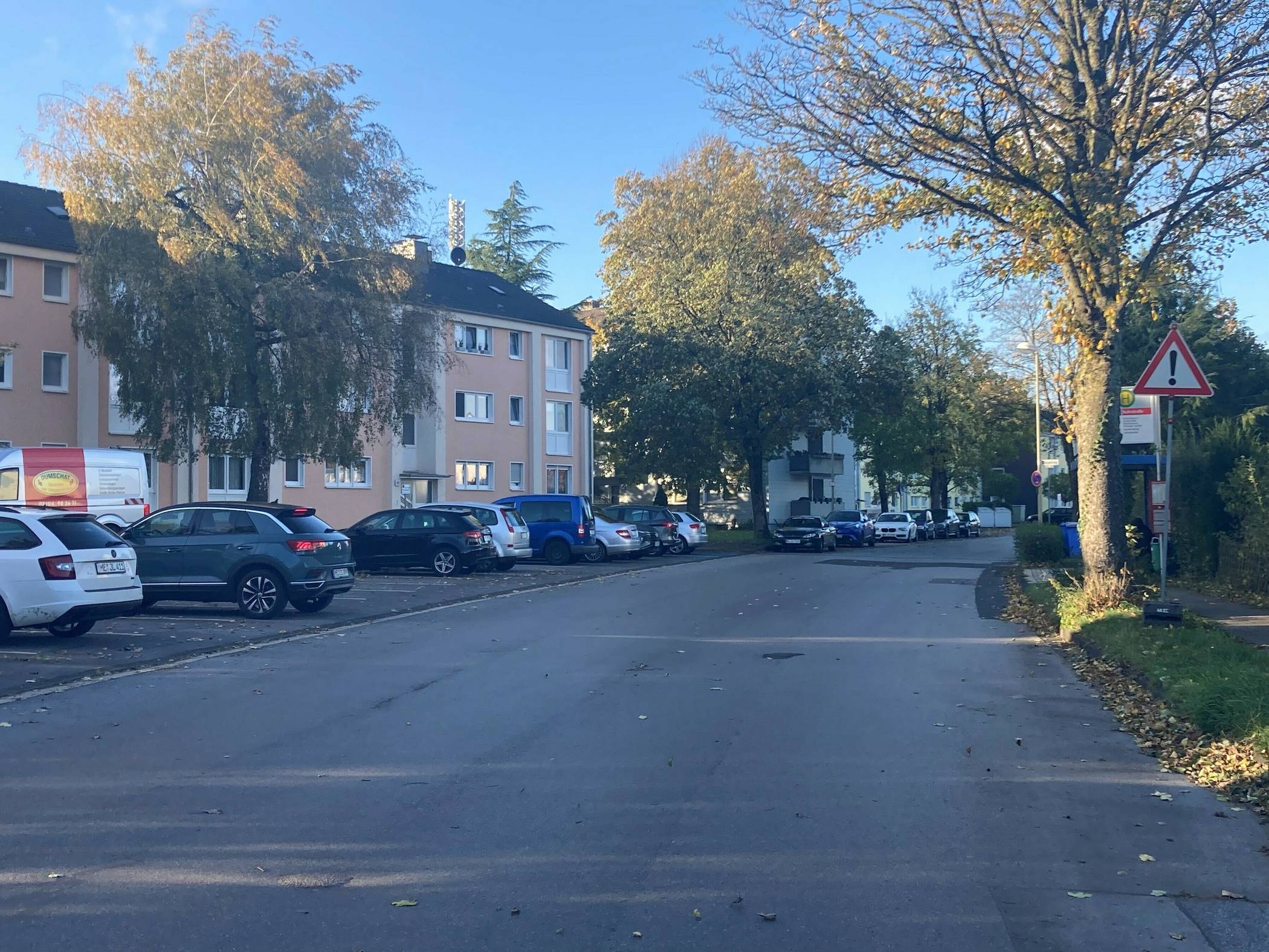  Der Düsselring in Mettmann mit parkenden Autos und Bäumen. 