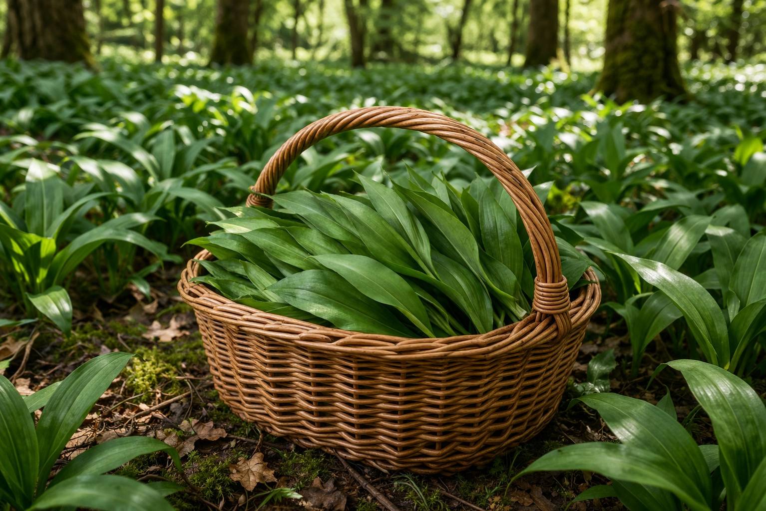 Ein Korb voller Bärlauch im Wald.