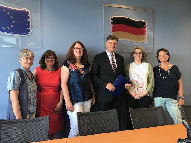  (v.li.) Monika Krebs, Vorsitzende der Arbeitsgruppe „Kinder und Gesundheit“ des Runden Tisches gegen häusliche Gewalt; Karin Peglau, Leiterin des KK Kriminalprävention / Opferschutz der Kreispolizeibehörde Mettmann; Geertje Jeschke , Gleichstellungsbeauftragte der Kreisverwaltung Mettmann und Geschäftsführerin des Runden Tisches gegen häusliche Gewalt; Kreisdirektor Martin M. Richter; Eva-Maria Düring, Bereichsleiterin „Frauen und Familie“ des SKFM Mettmann e.V.; Beate Nitzschke, selbstständige Supervisorin und Trainerin. 