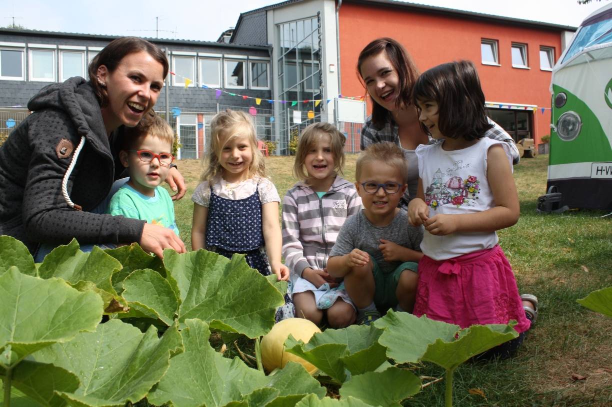 Kindergartenkinder haben sechs Kürbisse herangezogen