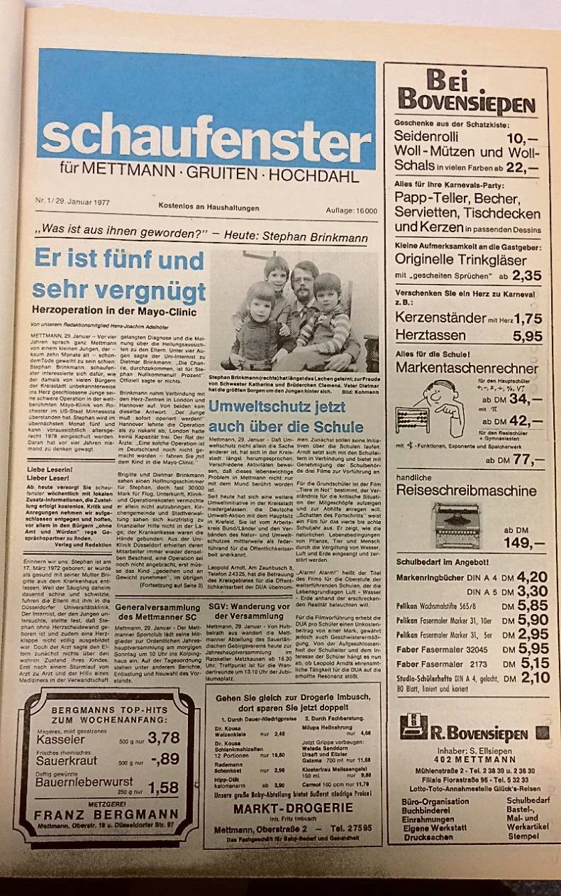  So sah sie damals aus, die allererste Ausgabe des Schaufenster. Damals waren auch Gruiten und Hochdahl neben Mettmann im Verbreitungsgebiet. Erstaunlich modern zeigte sich der Kopf der Ausgabe. 