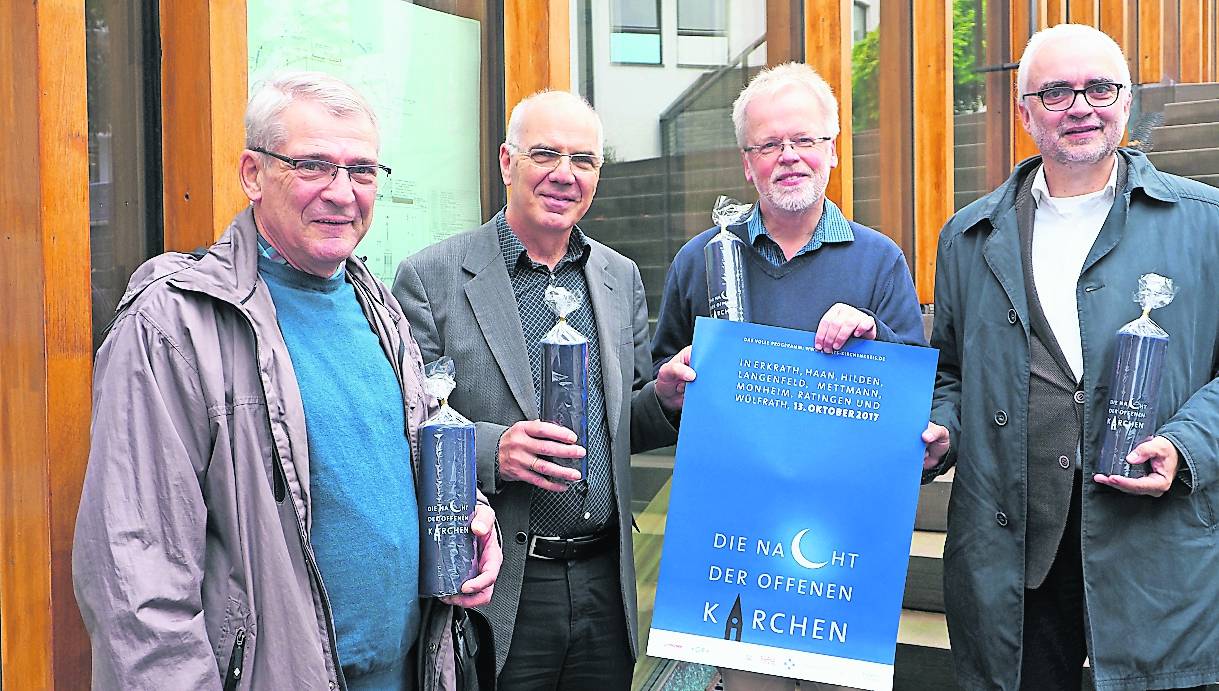  Pastoralreferent Joachim Lenninghausen (Pfarrei St. Lambertus), Superintenden Frank Weber (Kirchenkreis Düsseldorf-Mettmann), Wolfgang Murjahn (Evangelisch-Freikirchliche Gemeinde) und Regionalreferent des Kreisdekanats Mettmann Ralf Gassen (v.l.n.r.). 