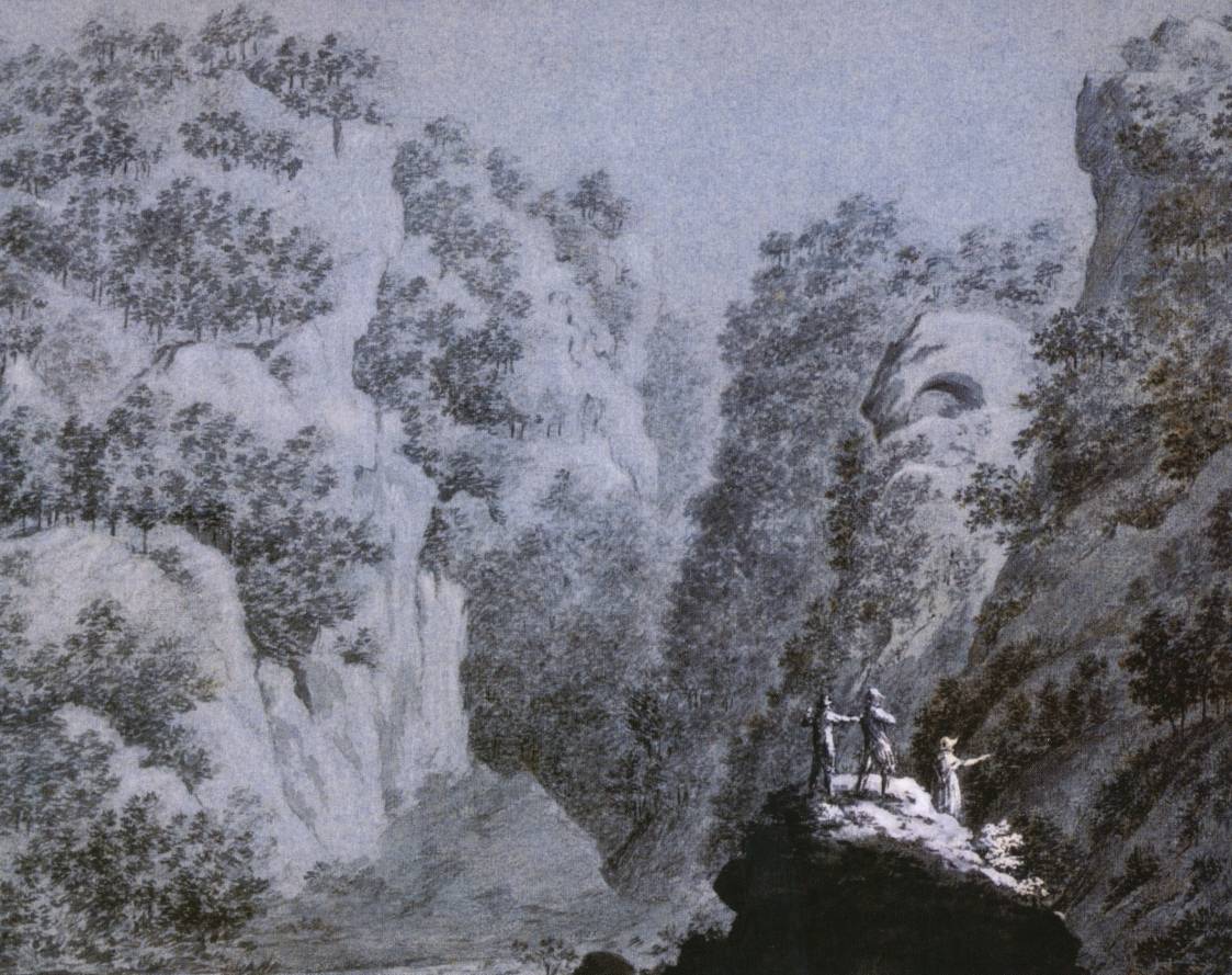  Drei Wanderer blicken auf die Neanderhöhle, Kreide und Deckweiß, Gerardus Johannes Verburgh, 1803. Diese Zeichnung des Rotterdamer Künstlers ist die älteste bekannte Darstellung des Gesteins mit der Neanderhöhle. 