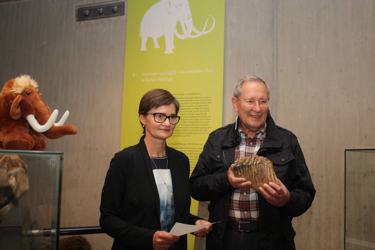  Dr. Bärbel Auffermann, die stellvertretende Museumdirektorin, nimmt von Karl Heinz Neppig den Mammutzahn entgegen. 