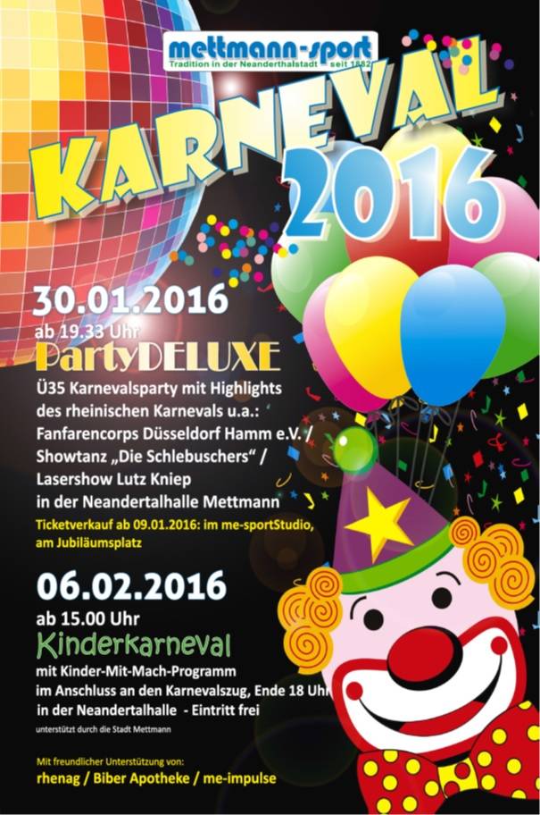 Termin ist Samstag, 30. Januar 2016: PartyDELUXE von Mettmann-Sport findet wieder in der Stadthalle statt