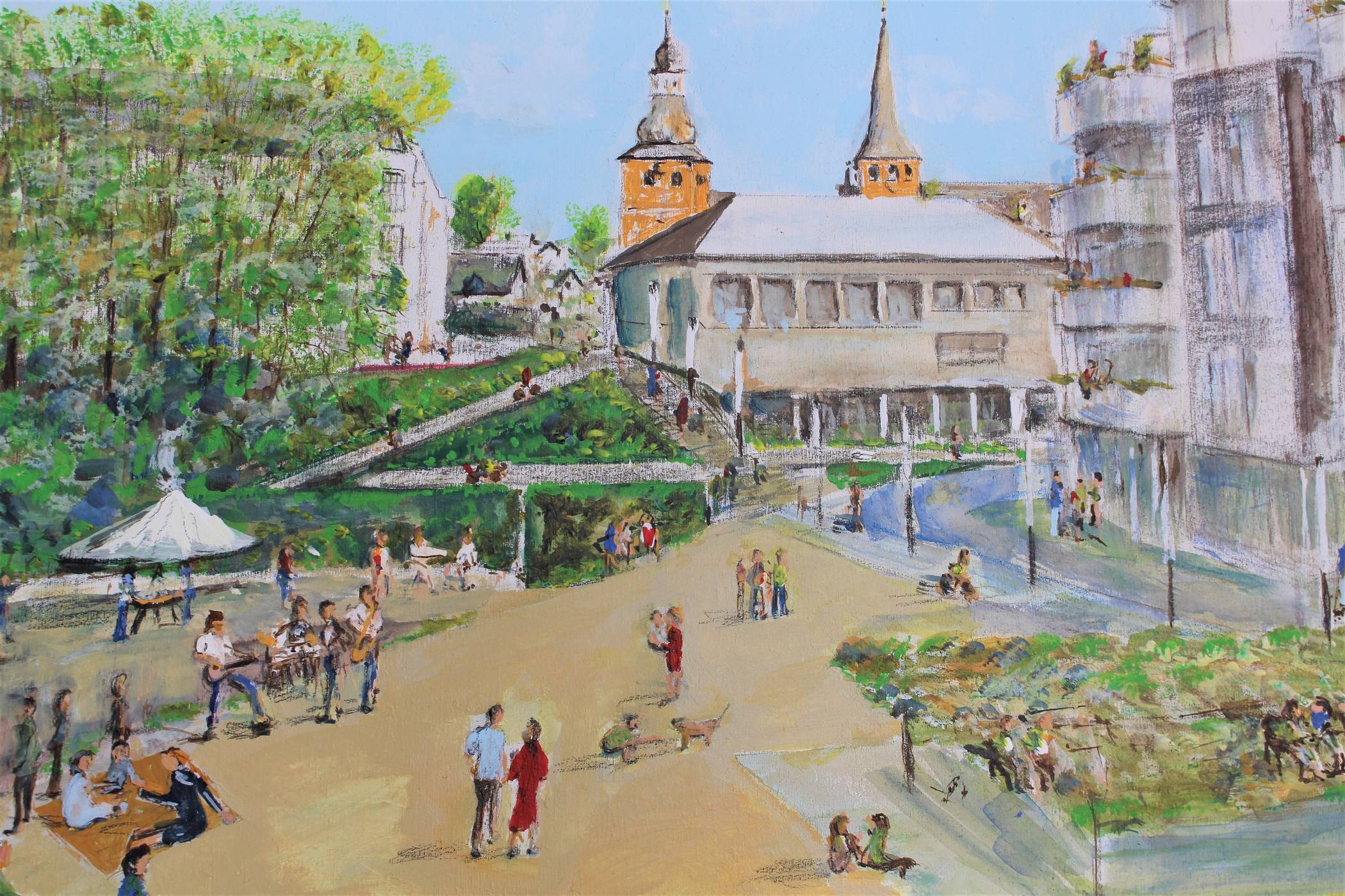  So könnte der Königshofplatz am autofreien Sonntag aussehen. Peter Feyen hat das Bild gemalt. 